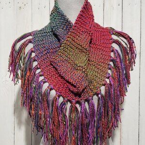 Cowl Scarf Fringe Hand Knitted Multicolor Marled Boho Cottage Coastal Glam Artsy
